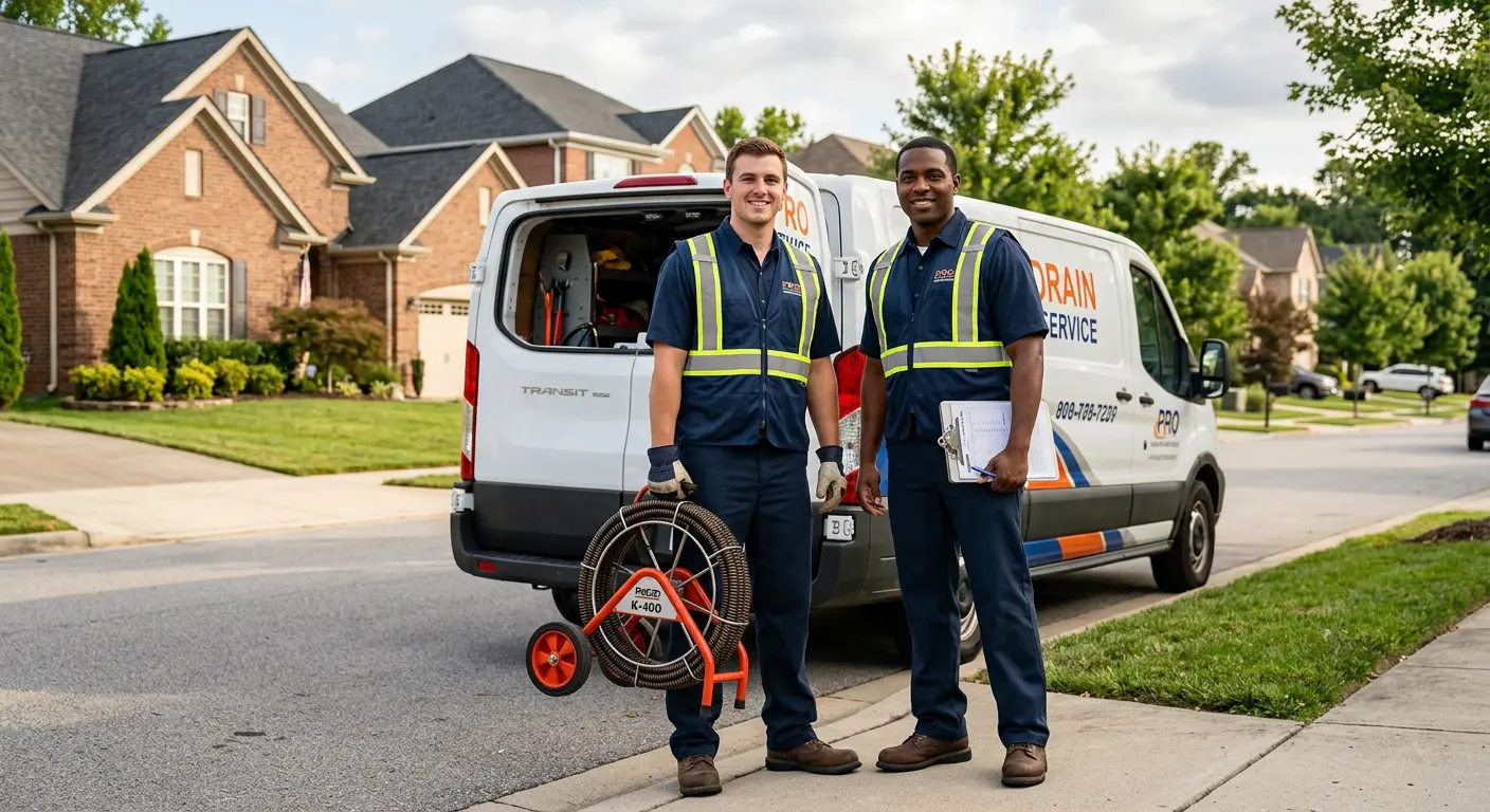 Sewer and drain service team with equipment ready for work in Mount Airy