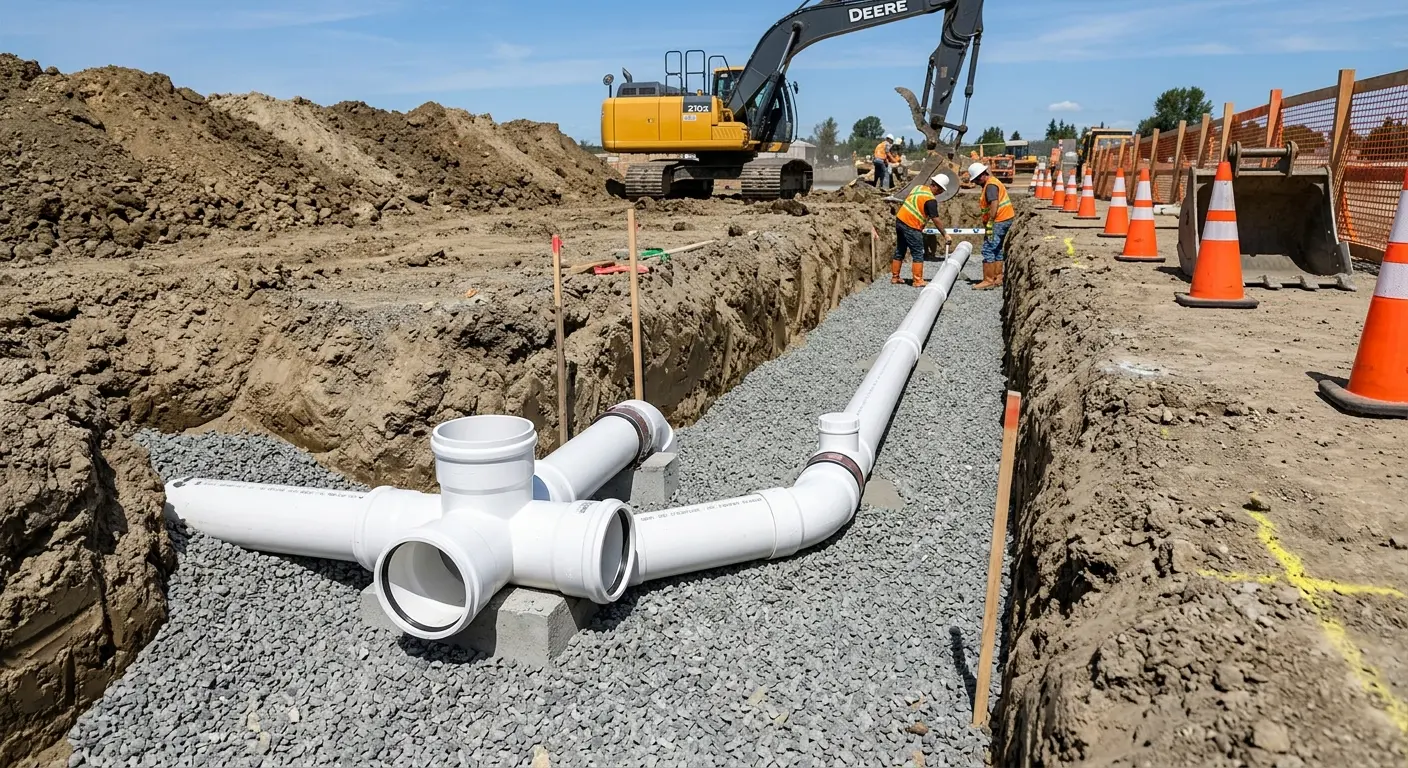 New PVC sewer pipe installation in open trench for Commercial Drain Cleaning in Mount Airy