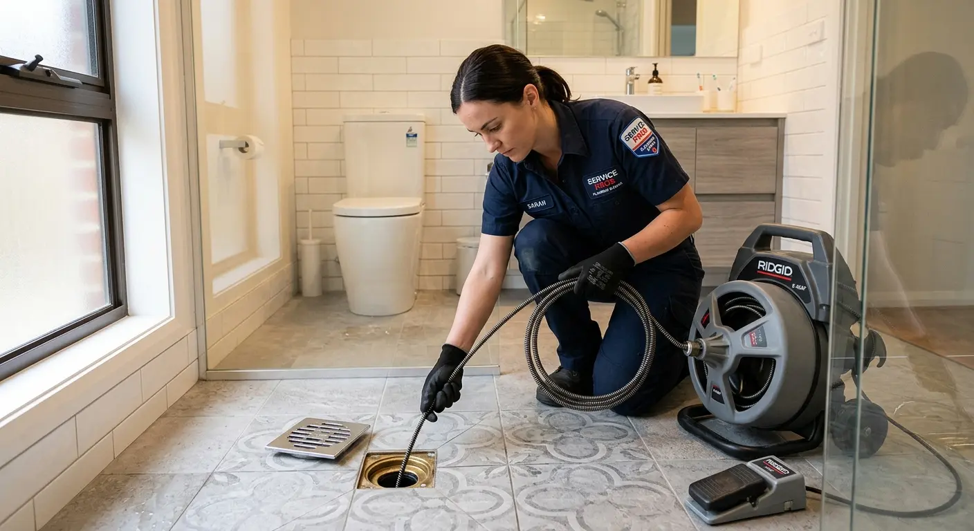 Technician clearing a bathroom floor drain for Clogged Drain Repair in Mount Airy
